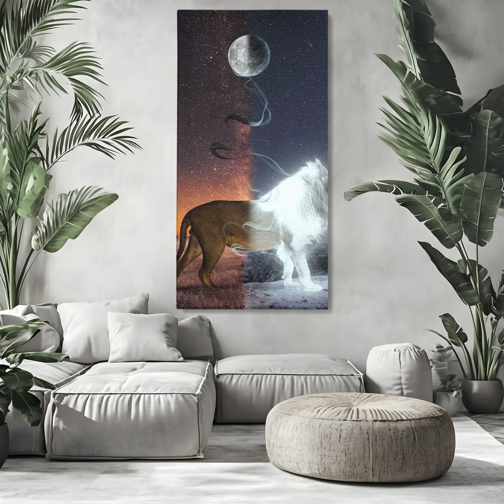 Tablou canvas cu tablou canvas cu leu si luna, fara rama, pe sasiu de lemn, pe perete intr-un living